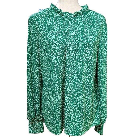 Adrianna Papell Floral Green Long Sleeve Blouse Round Ruffle Neck Size L NEW NWT - Picture 1 of 10